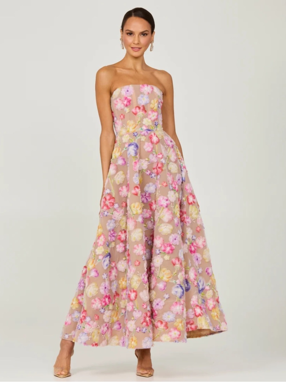 helsi vivian pink & tan 3d floral applique embellished maxi gown dress size XS